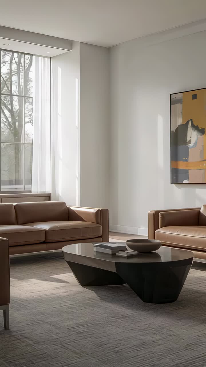 Vertical video: Showcasing brown sofas and coffee table in living room while sunlight shifting