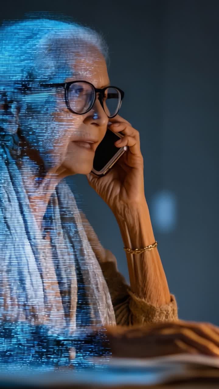 Uma senhora em conversa telefônica exibe uma expressão pensativa, com uma sobreposição digital sugerindo uma mistura de realidade e interação virtual.