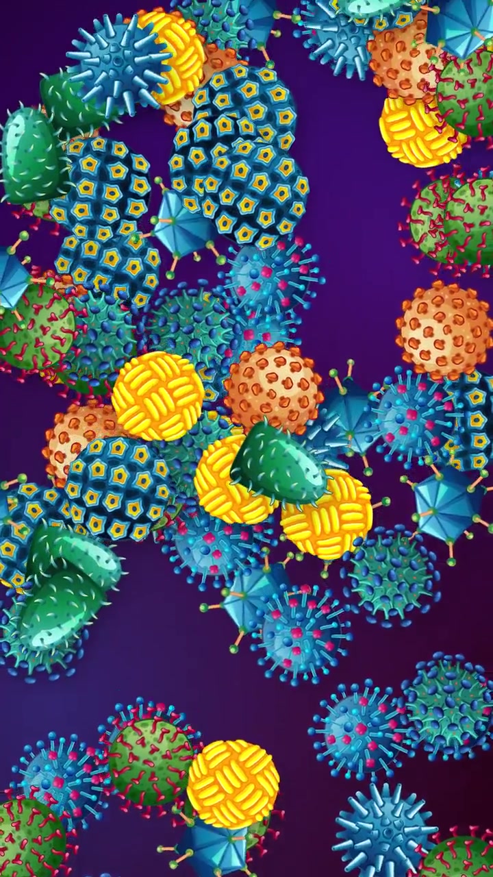 Stylized microscopic pathogens fall vertically against a dark purple background in a seamless loop.