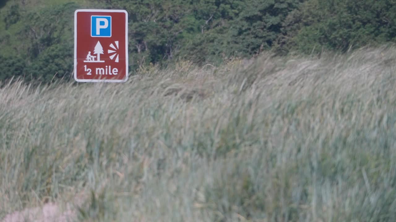Slow-motion clip of wind-blown grass with a UK roadside sign for a picnic area and parking ½ mile ahead. Shot in rural Scotland.