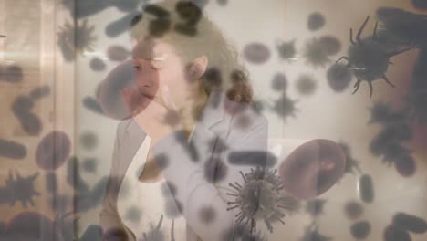 animation of corona virus with woman sick in background