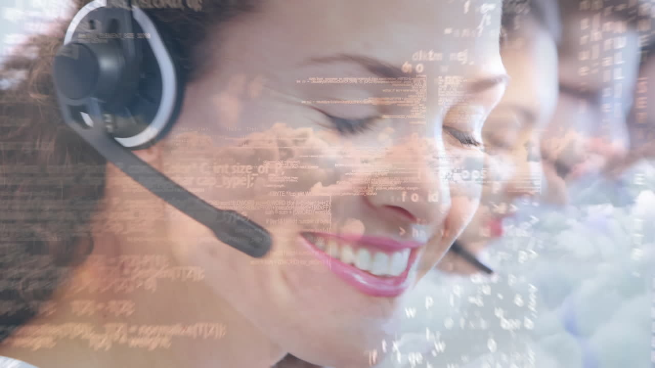 Animation of data processing over businesspeople wearing phone headset