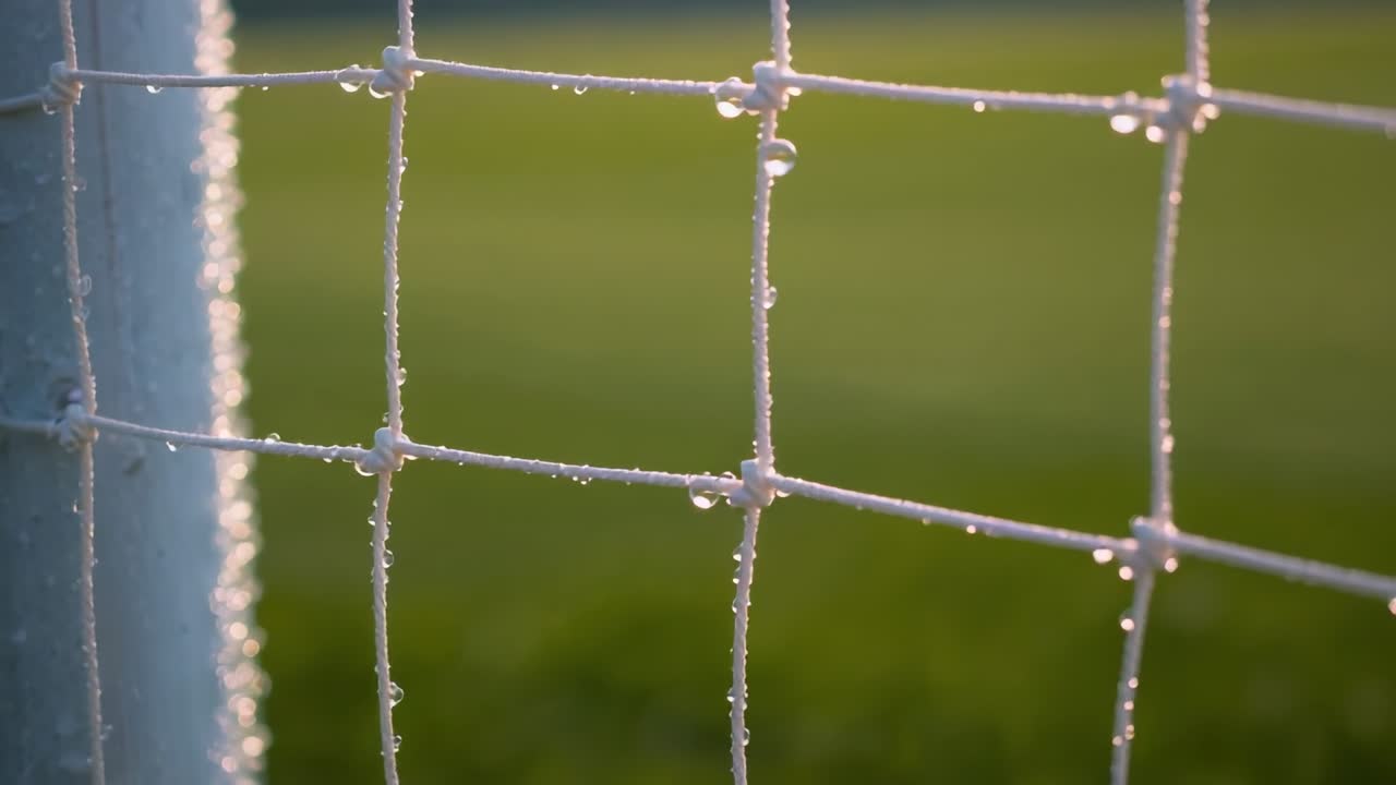 Camera panning across dewy sport goal net with blue post, droplets rim-lighting, revealing horizon