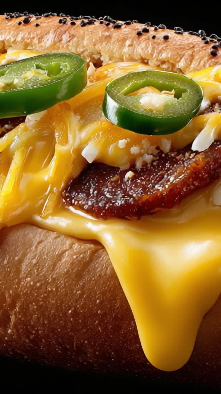 ハラペーニョ、カリカリベーコン、溶けたチーズをトッピングした美味しいチーズホットドッグ。風味豊かなコンフォートフードを堪能するのに最適です。