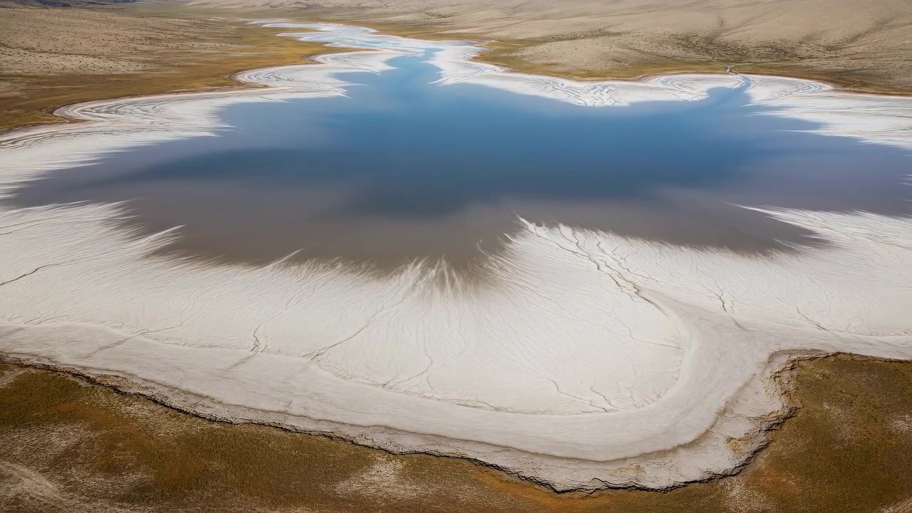 Aerial Salt Lake With White Rim, Gentle Blue Center, Feathered Sediment Patterns, Expansive Arid Grassland