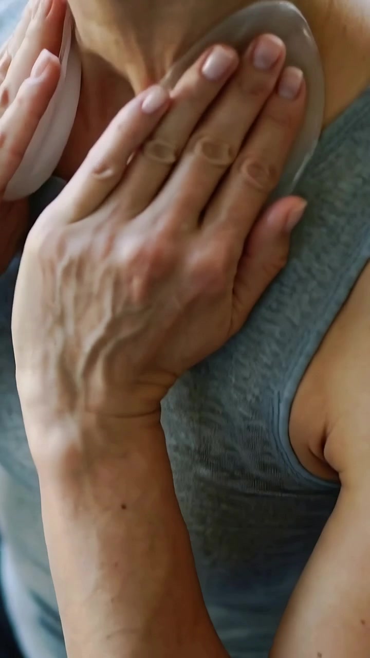Video verticale: Donna con un top grigio che preme un massaggiatore sul collo a casa, apparentemente in cerca di sollievo.