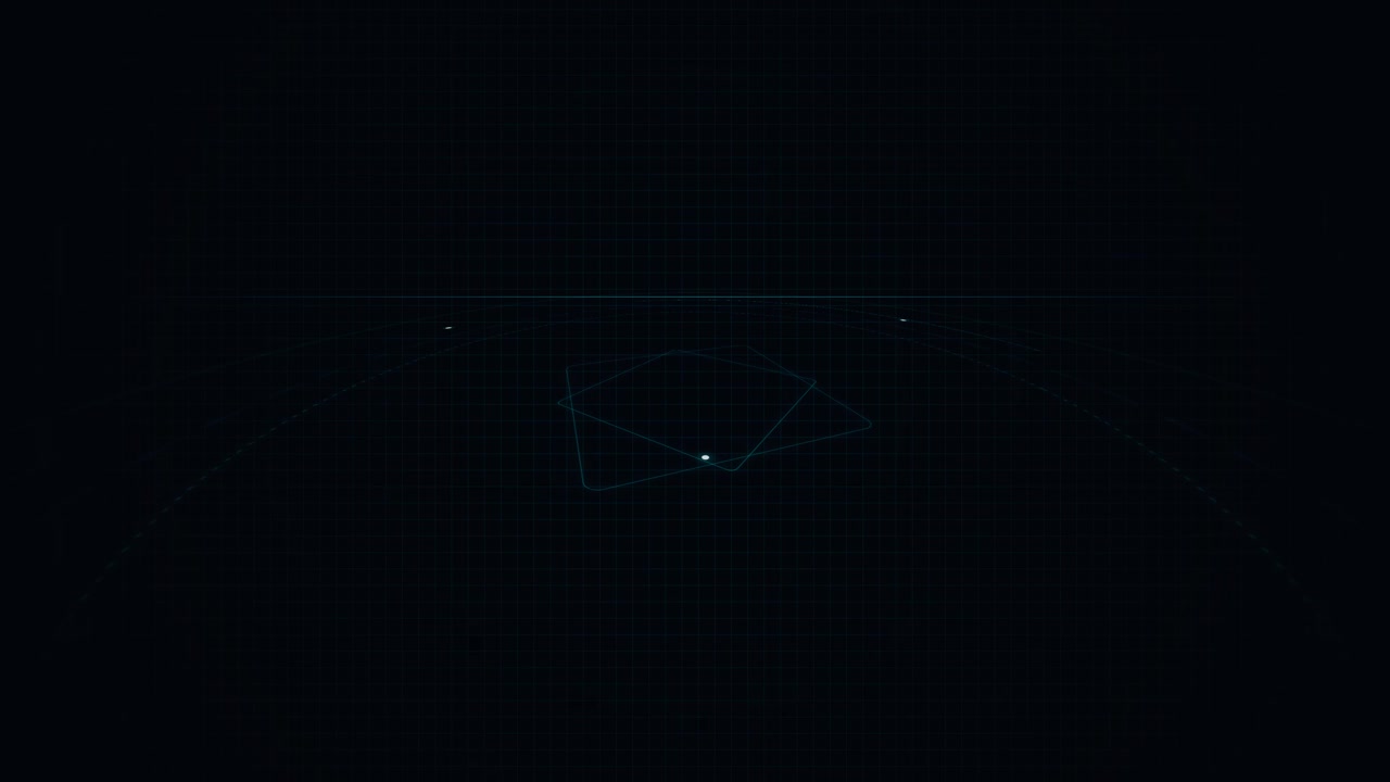 Abstract Digital Geometric Shapes Rotating on Dark Grid Background