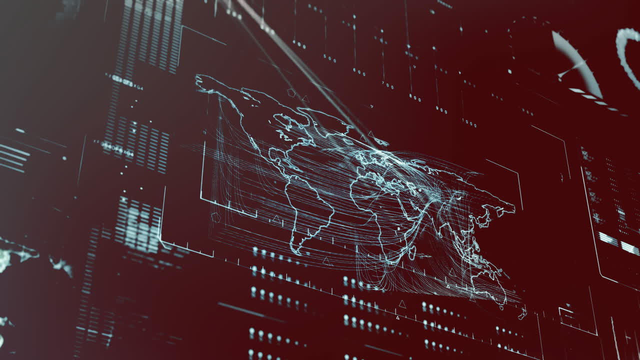 Animation of interface with data processing over world map against gradient background