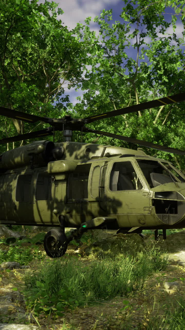 Military helicopter resting among dense jungle foliage in a serene environment