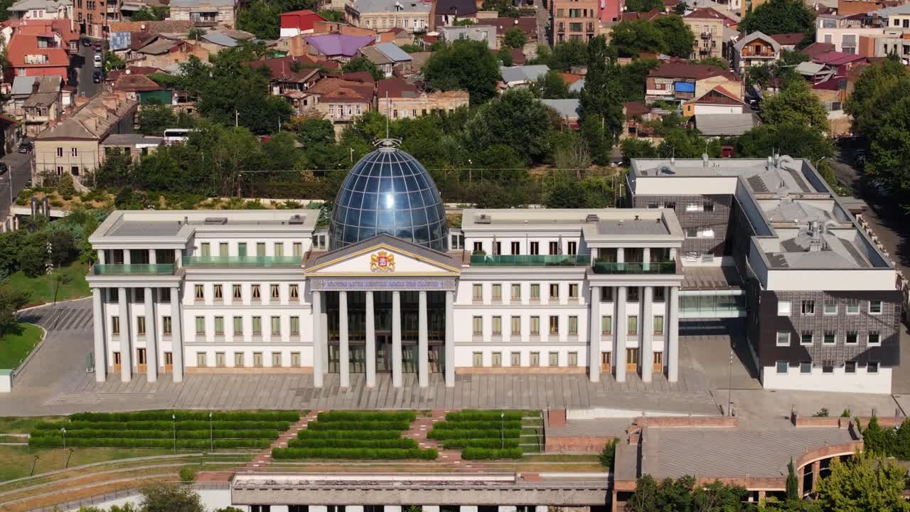 Aerial Drone Shot Above Presidential Administration of Georgia. Downtown Tbilisi