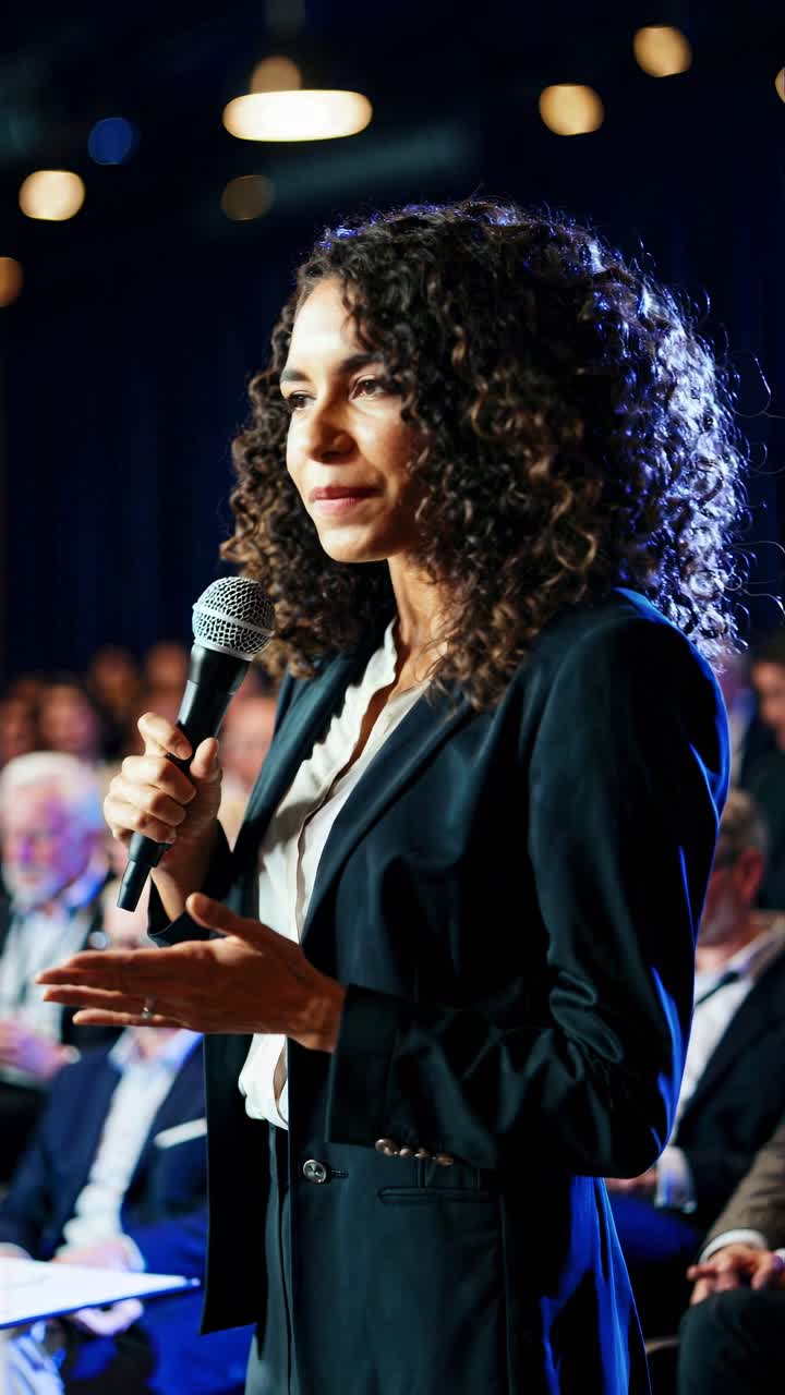 A woman in a suit speaks into a microphone at a conference. The video captures her from a side