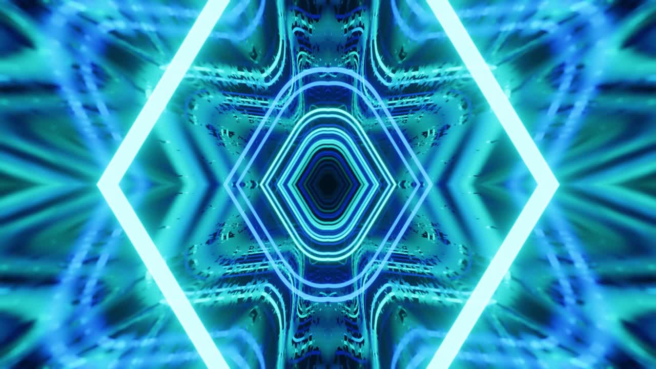 animación en bucle sin costuras de 4k. vuela a través de un túnel simétrico de espejo con patrón de neón, patrón de brillo de ciencia ficción. luz de neón de reflexión brillante. fondo brillante simple, estructura de ciencia ficción