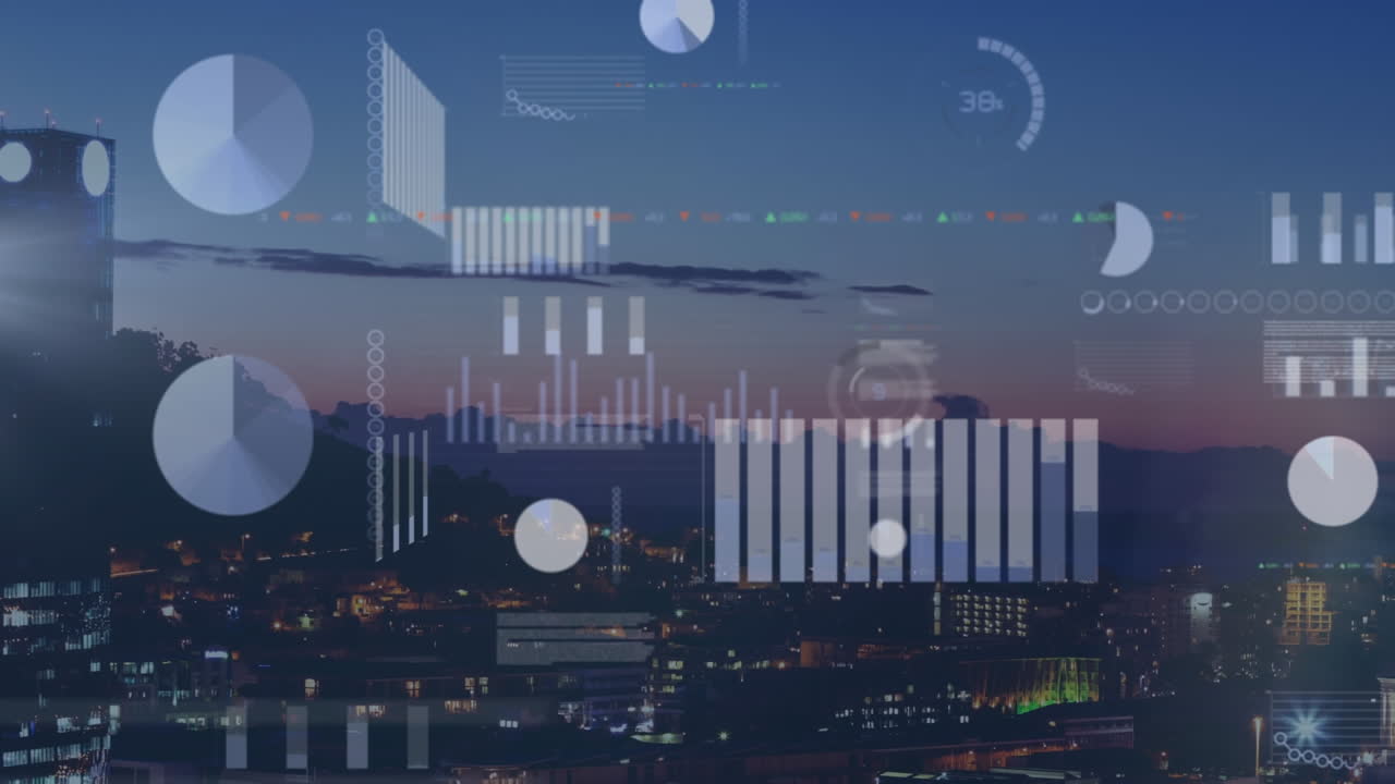 Animation of data processing over cityscape