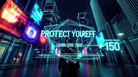 futuristic city night scene with holographic displays and person
