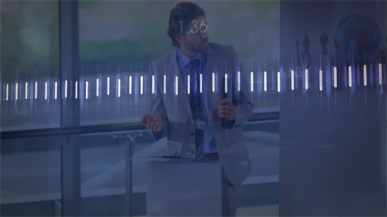 man in suit speaking at technology conference podium, showing floating audio waveform graphic