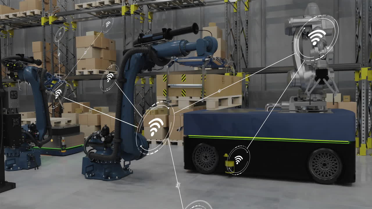 анимация сети соединений с иконами над машинами, работающими на складе