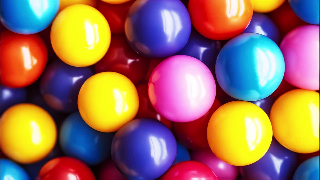 Colorful spheres bouncing and swirling dynamically, generating playful energy against pristine white backdrop with seamless looping motion
