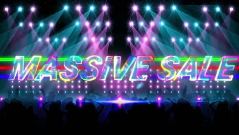 animation of massive sale text over people dancing on black background