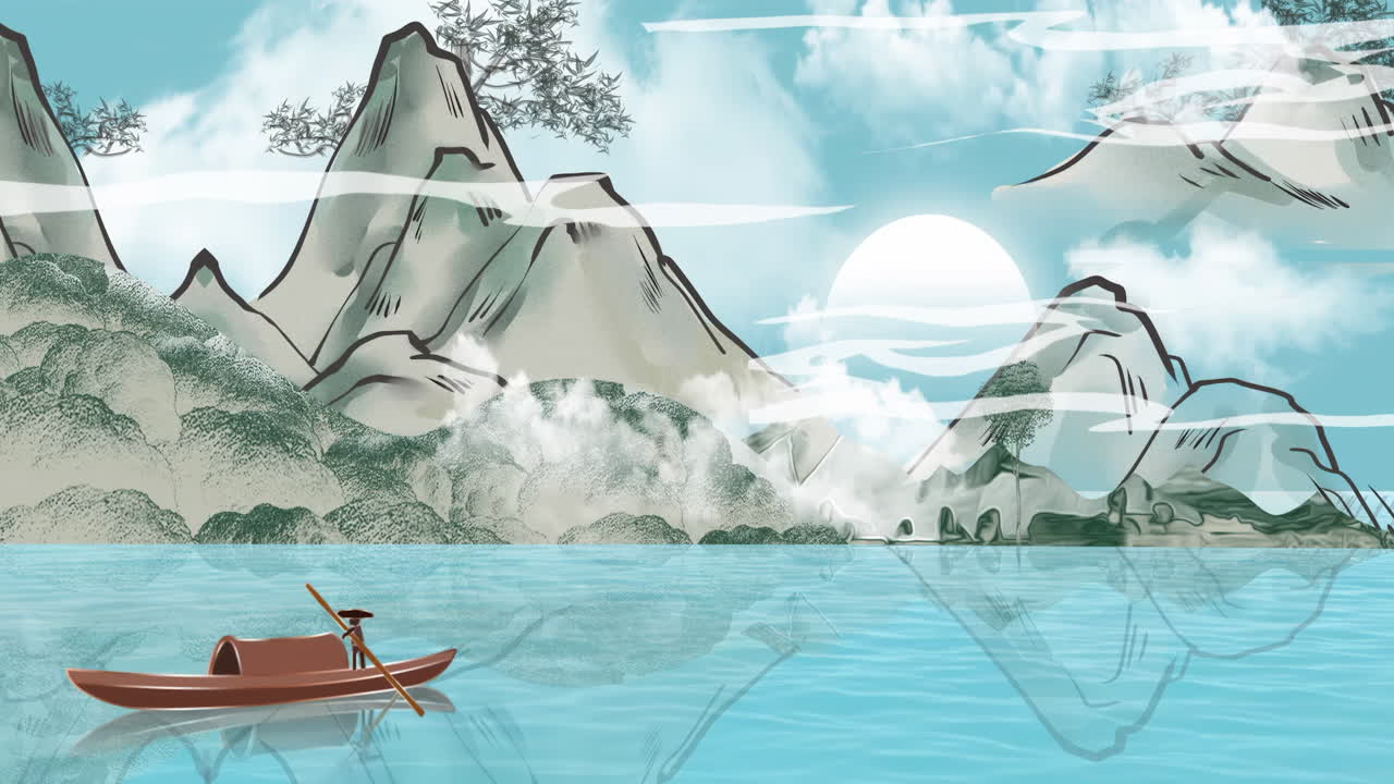 Daytime ancient traditional Chinese Japanese landscape ink Painting of beautiful calm trees, mountains, flowers, lake, water, birds, blue sky, boat, cherry blossoms season