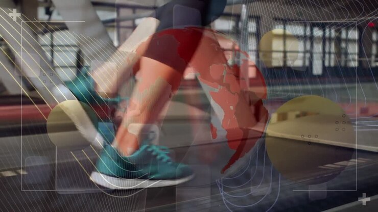 Animation of globe and geometrical shapes over running person