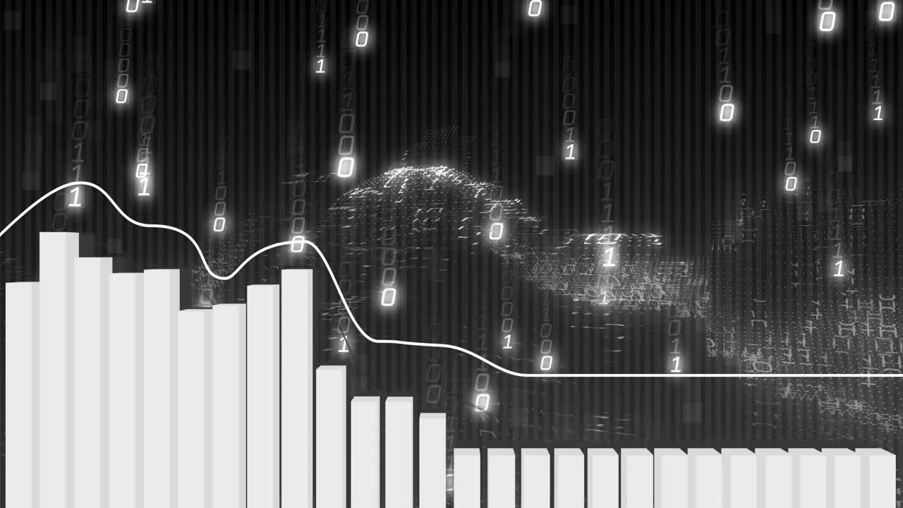 금융 데이터 처리의 애니메이션과 검은색 배경의 바이너리 코딩