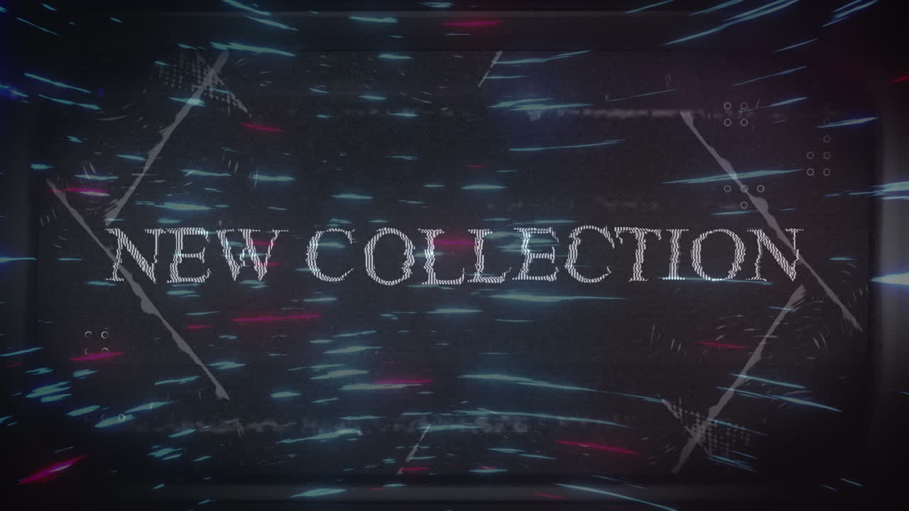 Animation of new collection text with interference and glitches over moving blue and pink lights