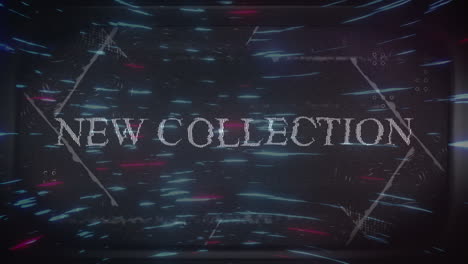 animation of new collection text with interference and glitches over moving blue and pink lights