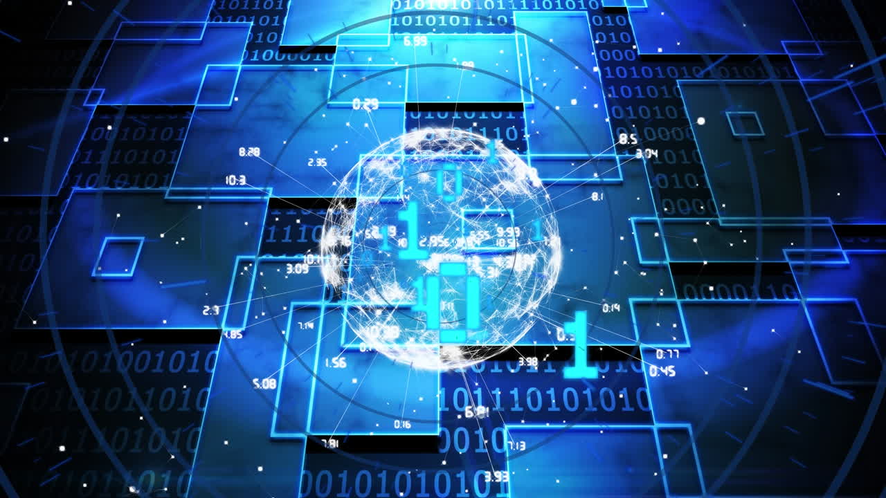 Animation of binary code, globe and connections in digital blue space