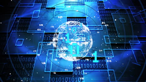 animation of binary code, globe and connections in digital blue space