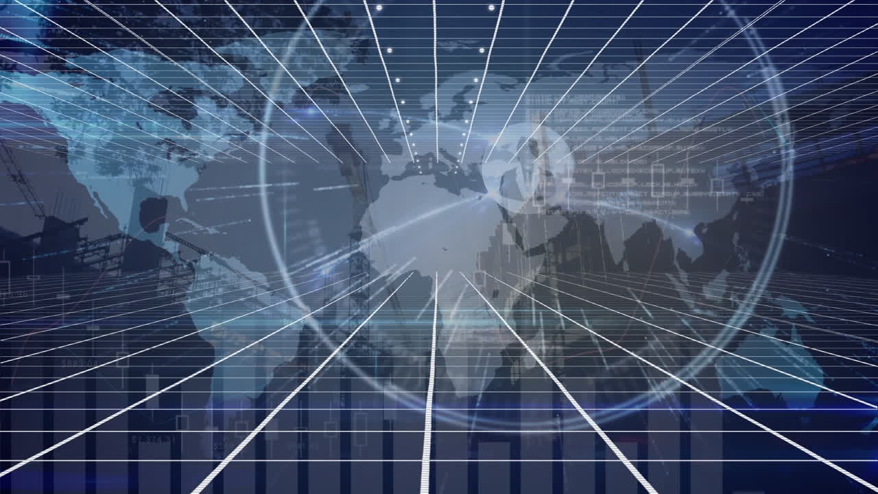 범위 스캐닝, 연결 네트워크 및 세계 지도에 대한 데이터 처리 애니메이션