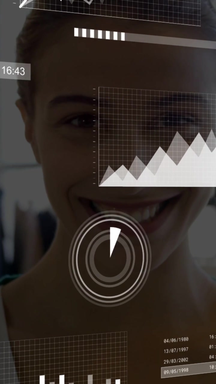 Vertical video: Woman smiling in retail, times changing causing moving pie charts on face for sales