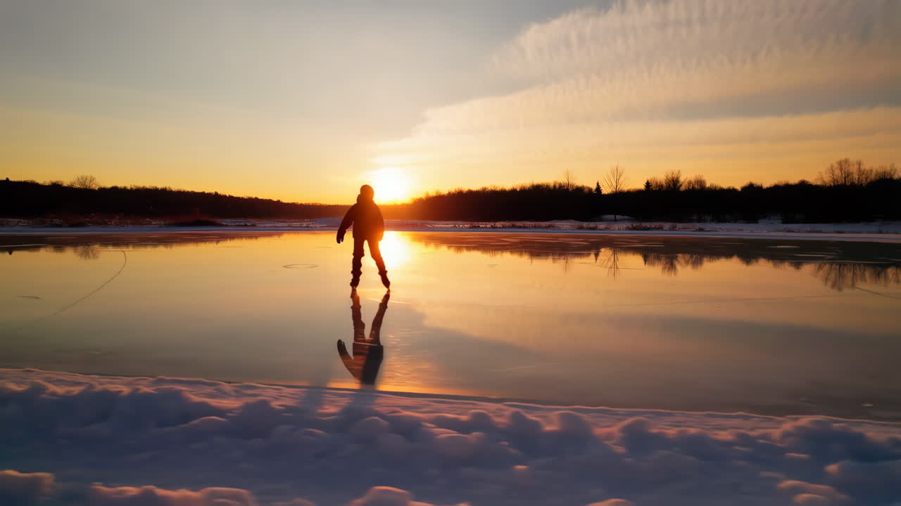 Silhouette of a Person Ice Skating on a Frozen Lake at Sunset