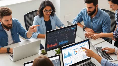 innovative team collaboration session: analyzing data trends and insights in a modern business environment with laptops and engaged discussions