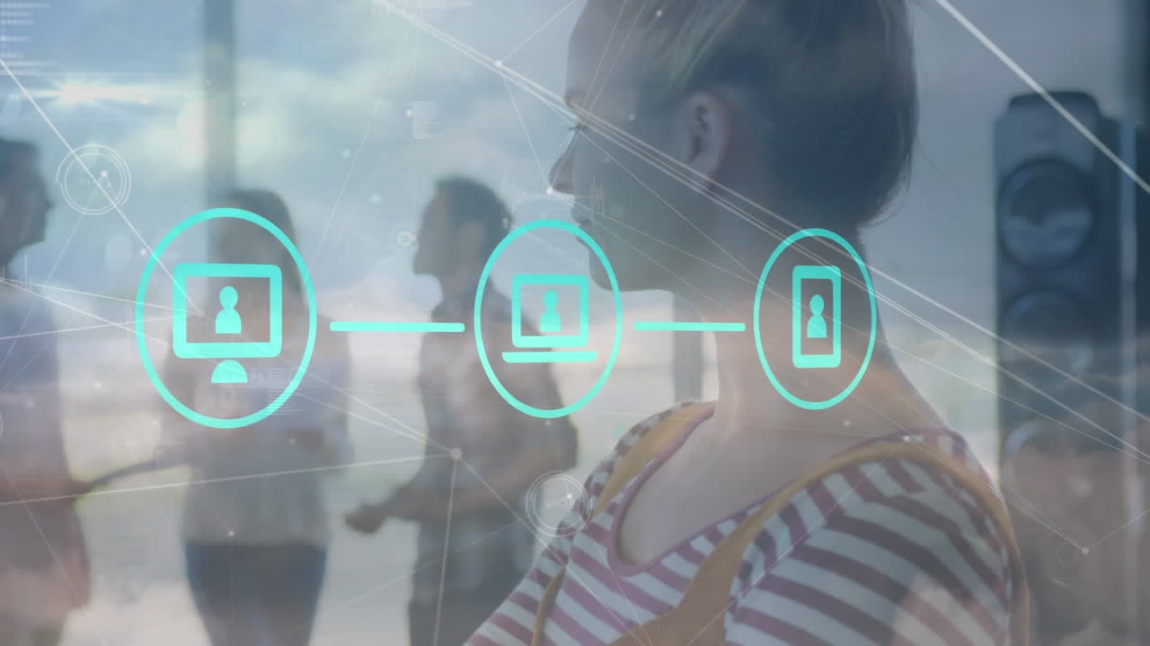 animación de mujeres e iconos a través de una red de conexiones