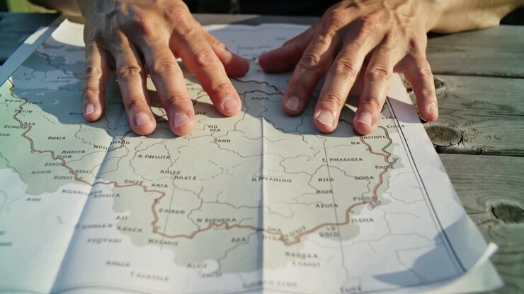 Plaçant les mains sur une carte pliée posée sur une table de pique-nique, lissant les plis pour révéler les lieux de navigation.