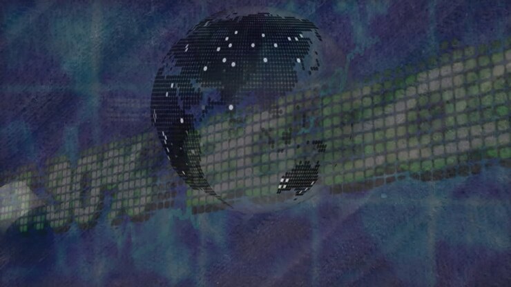 Animation of globe and financial data processing over agriculture field