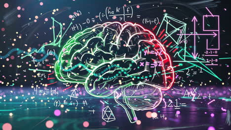 abstract neon brain with mathematical equations representing ai and data