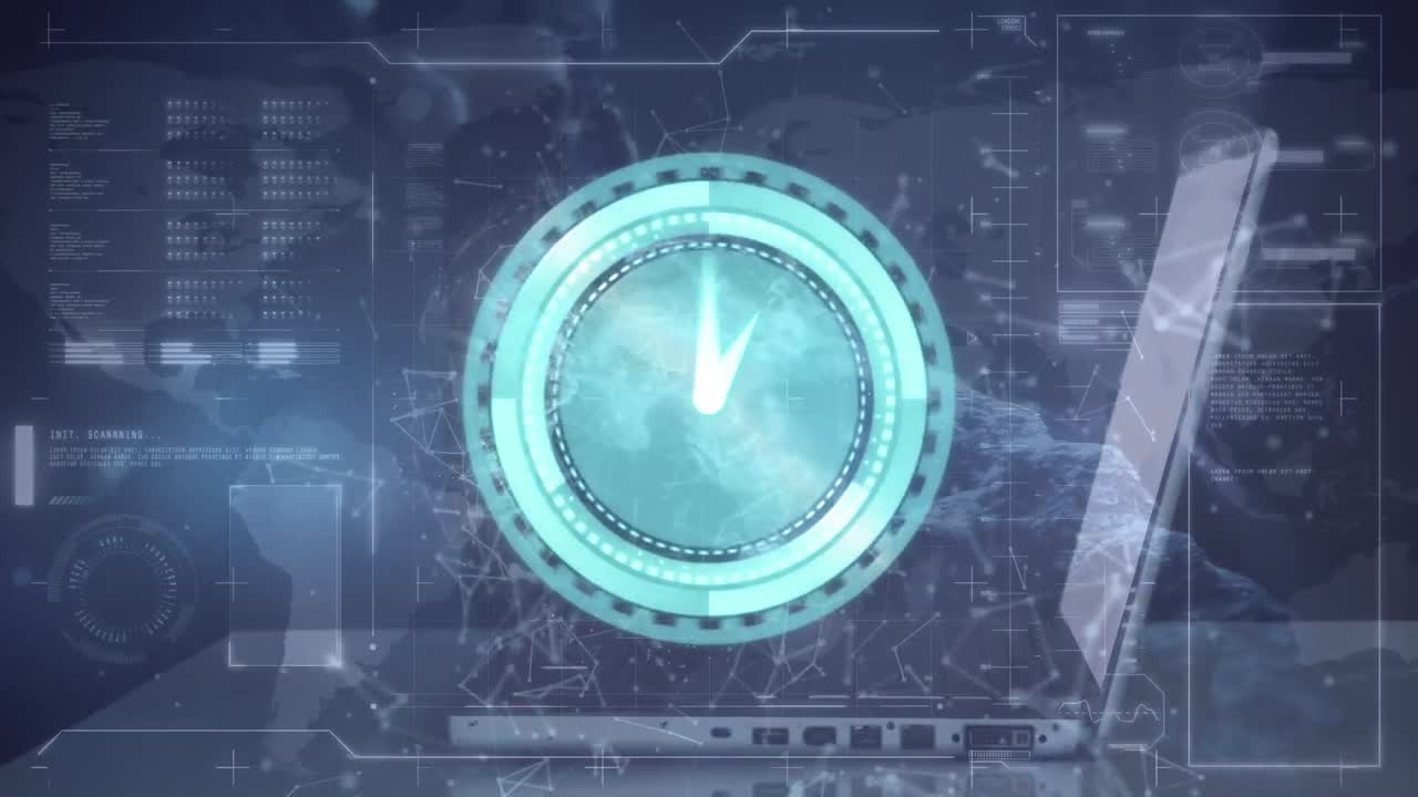 Animazione di un orologio su una persona che usa un laptop, con una rete di icone di persone e elaborazione dati