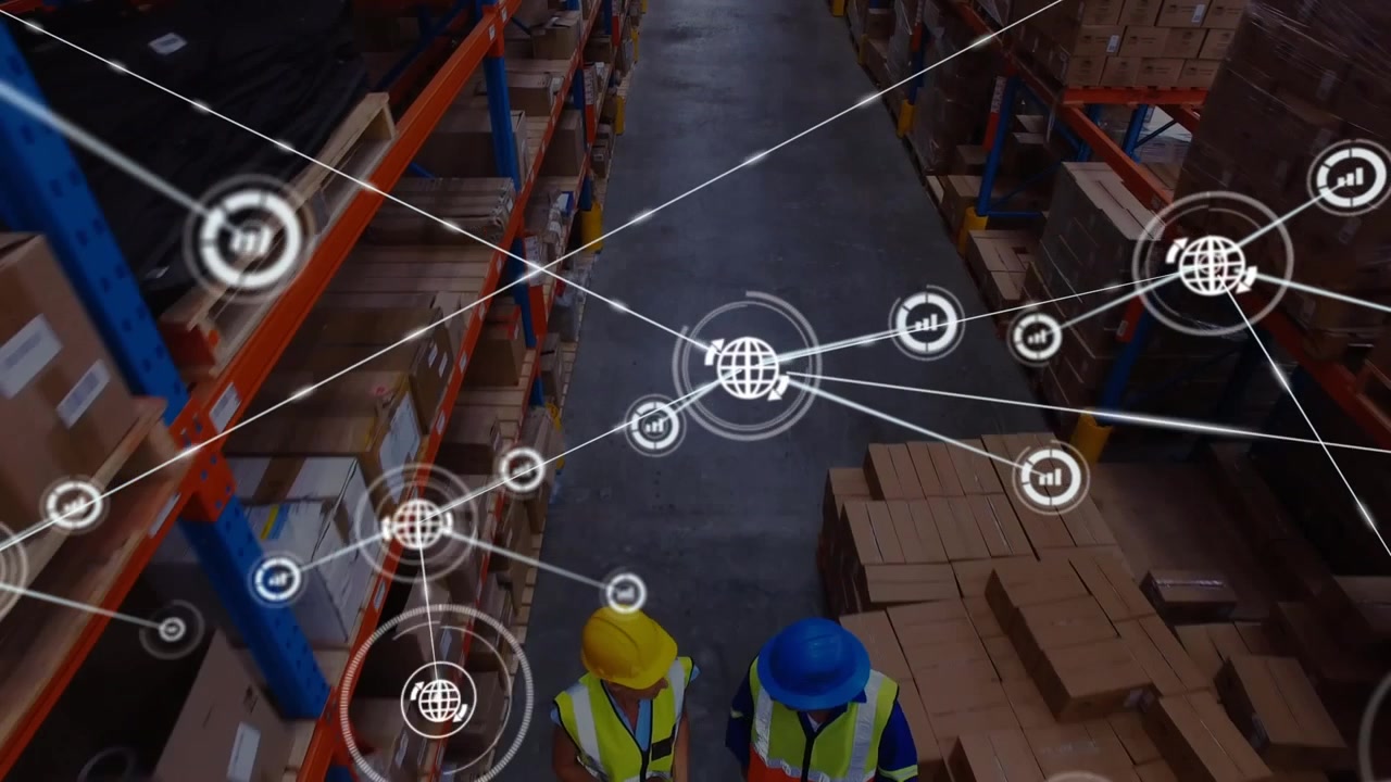 Video digitale presenta una rete globale di connessioni su un magazzino.
