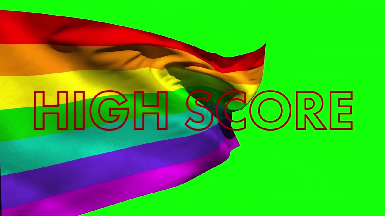 Animation of high score text with red shapes over lgbt flag and green background