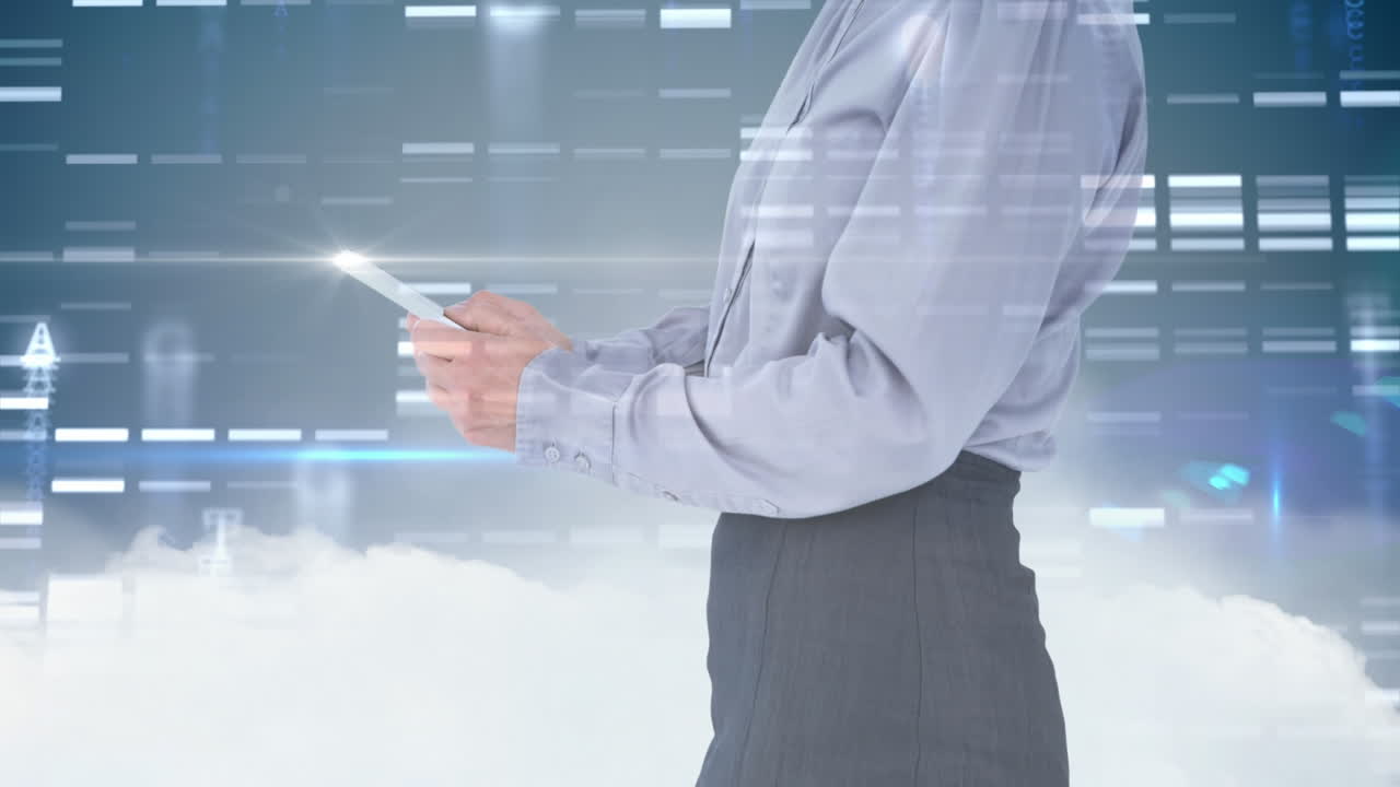 태블릿을 들고 있는 사람, 디지털 dna 염기서열 애니메이션 위에 서 있는 사람