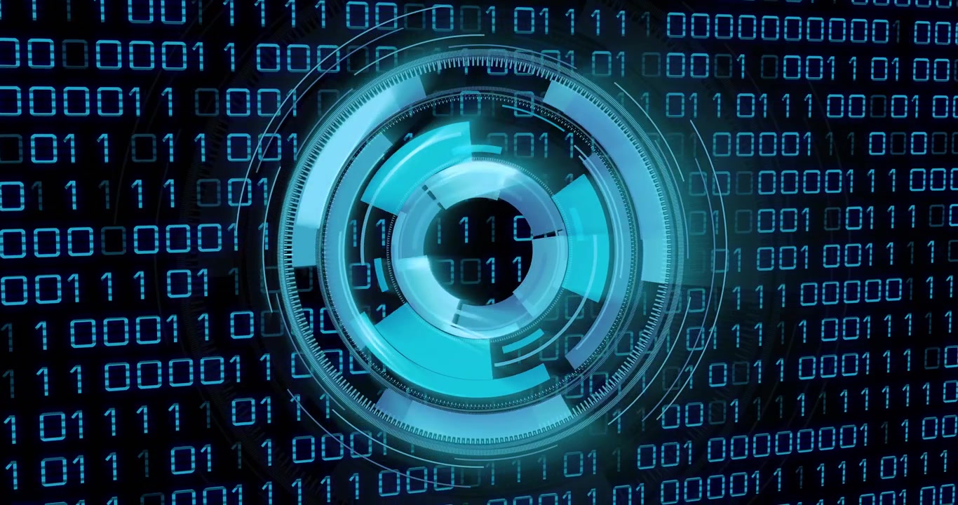 Futuristic circular HUD graphic being animated in 3D render interface, over glowing binary code