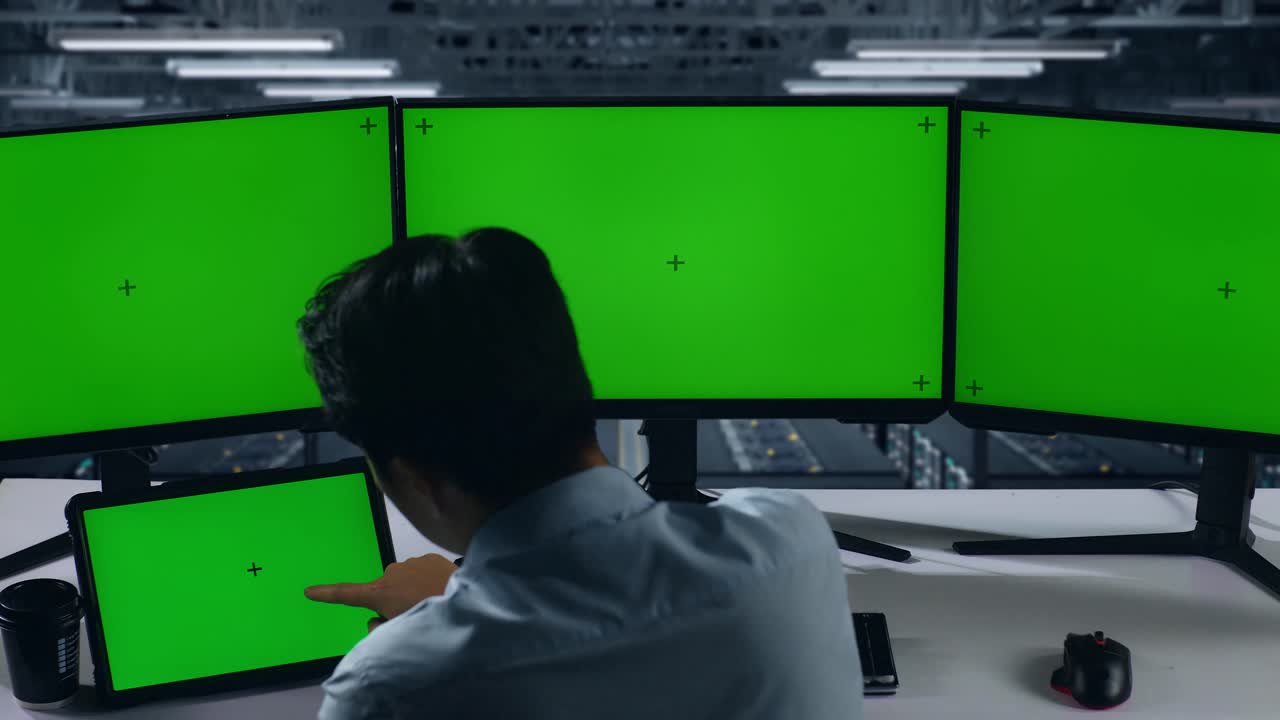 녹색 화면 모니터를 가진 기술자 모니터링 서버