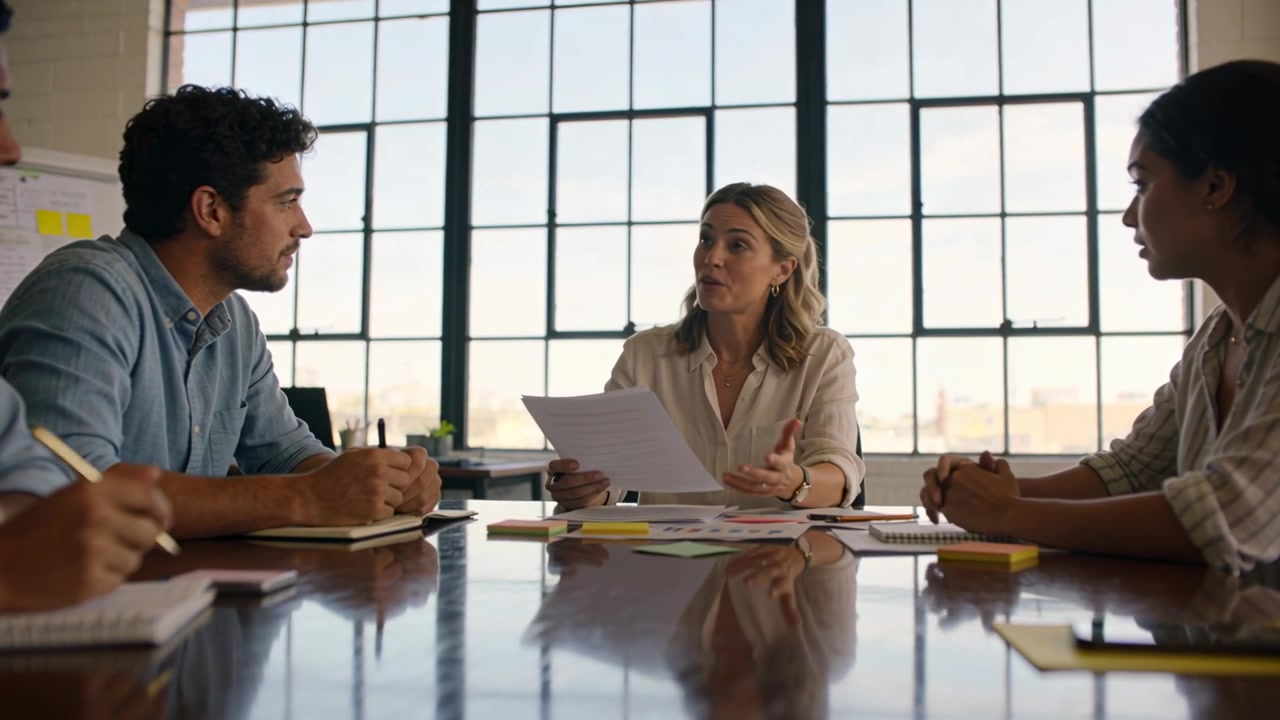 Holding papers, female presenter guiding project planning at polished table in light shirt, notes