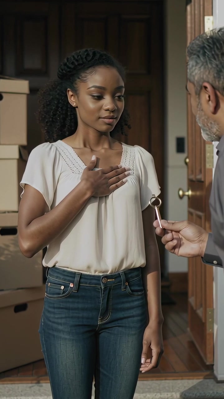 Vertical video: Taking woman receiving key from man while touching chest at door, with moving boxes