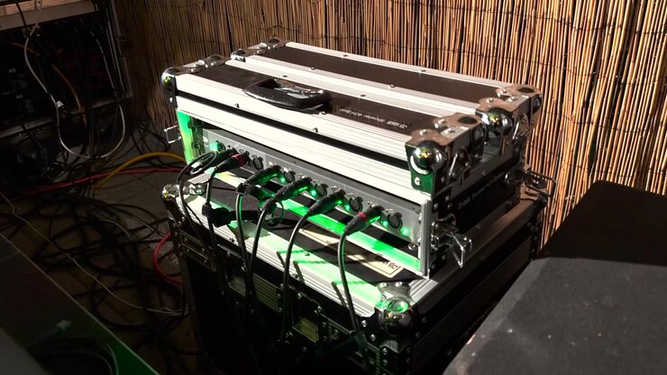 Professional audio equipment rack with connected cables and illuminated controls backstage at a live concert.