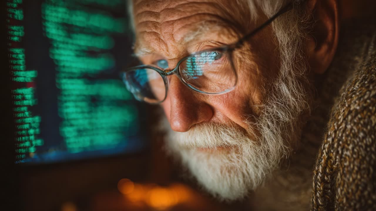 An elderly man with a long white beard and glasses stares intently at a computer screen filled with glowing green code, reflecting deep concentration and wisdom in an age of technology