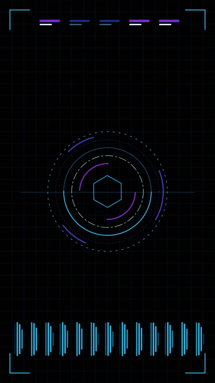 Futuristic Digital HUD Interface with Rotating Hexagon and Data Bars
