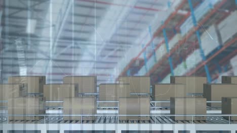 animación del procesamiento de estadísticas sobre cajas de cartón en cintas transportadoras
