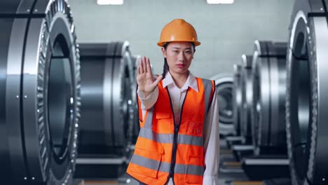 ingeniera asiática con casco de seguridad desaprueba sin señal de mano mientras está de pie en una fábrica de metal